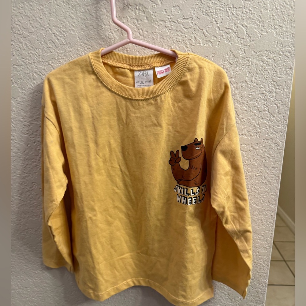 NWT Zara Yellow Long Sleeve Kids Tee with Bear Graphic